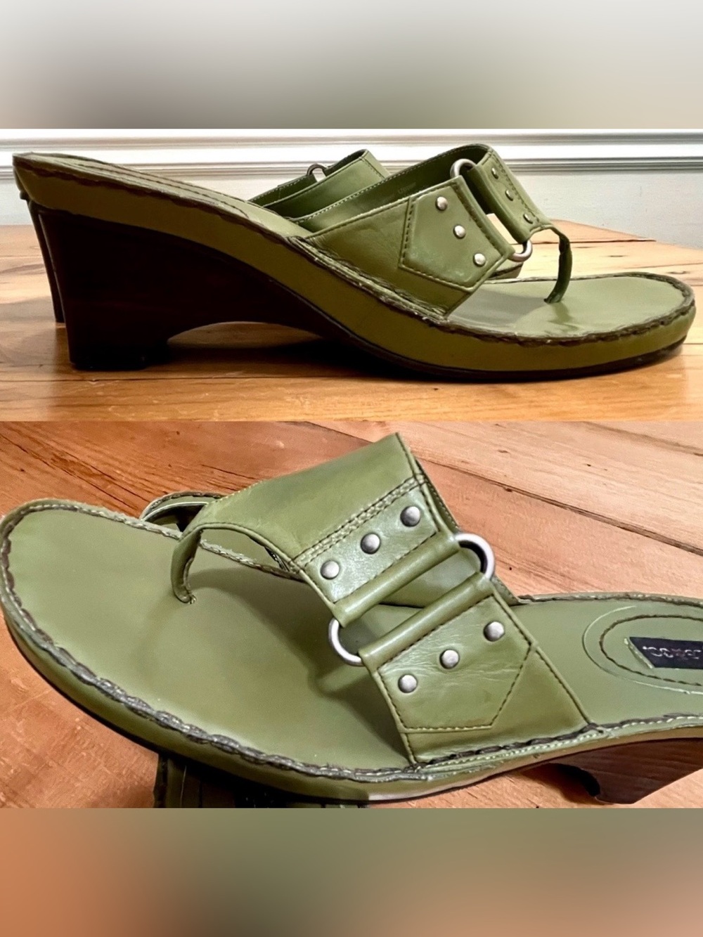 Olive Green Leather Style & Co Sandals - Stacked Heels, Silver Studs